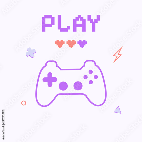 Retro game controller line icon with pixel play text and heart life symbols. Gaming background for esports, competition and fun leisure activities
