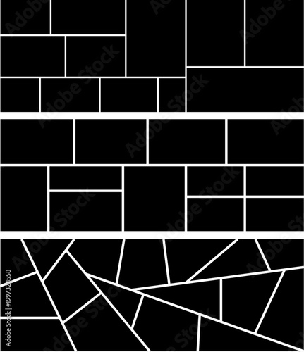 Modern photo collage template with abstract geometric layout of rectangular frames. Minimal black and white composition isolated on white background. 