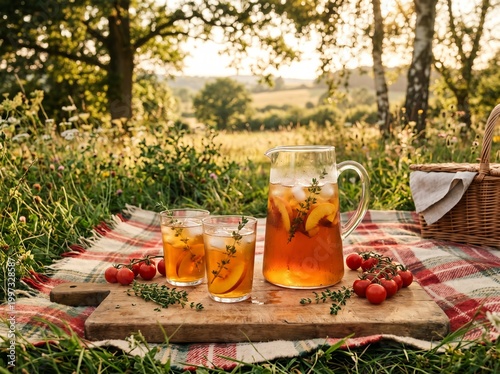 Refreshment in Golden Hour: Iced Tea Picnic in Countryside Setting