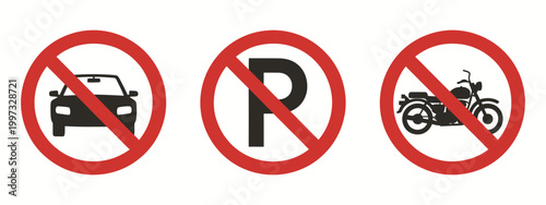 no parking sign vector illustration, featuring prohibition symbols with no car and no bike parking icons, representing traffic regulation, road safety control, urban restriction rules