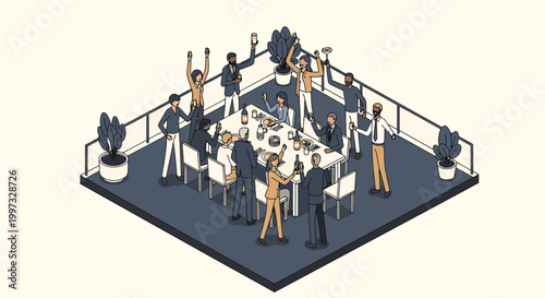 Isometric Corporate Rooftop Party Illustration: Diverse Professional Team Celebrating and Networking at a Banquet Event