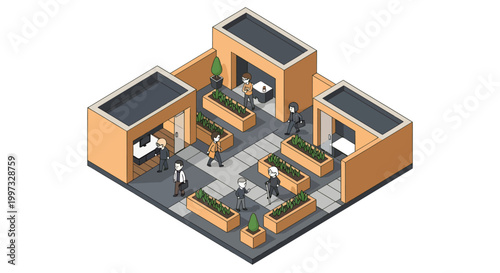 Isometric Modern Office and Coworking Space with Business Professionals, Inclusive Workspace Design, and Sustainable Indoor Greenery