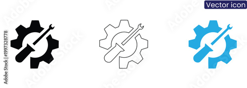 Gear with wrench icon set on white background for maintenance and repair concepts