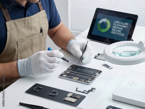 Skilled technician repair smartphone for circular economy on white desk