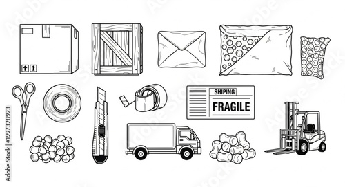 Collection of Hand Drawn Shipping and Delivery Icons.