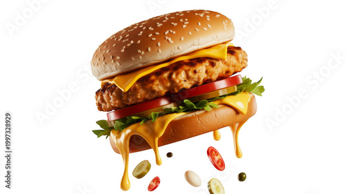 Floating Chicken Burger Dripping Cheese Isolated On Transparent Background Fast Food Menu Graphic