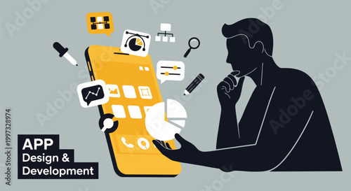 Graphic illustration of a mobile phone with app icons, and a silhouette, concept for app design, user interface development and technology promotions.