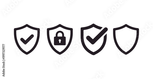 Safety shield icon set with check mark and padlock symbols for data protection security assurance.