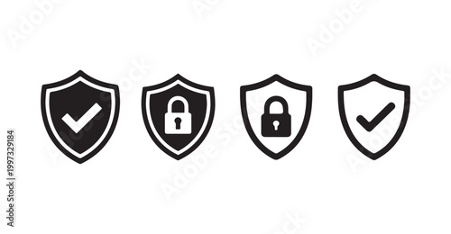 Shield icons with verification check and padlock symbols for cybersecurity and data privacy status.