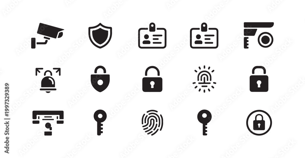Fototapeta premium Collection of security glyph icons with cctv, shield, id card, padlock, key, fingerprint.