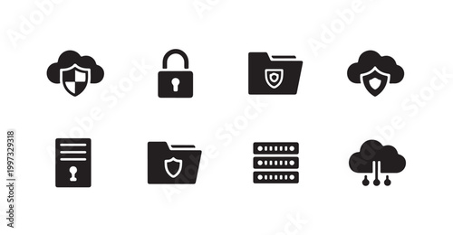 Set of cloud and data security icons with shield lock folder server and connection symbols.