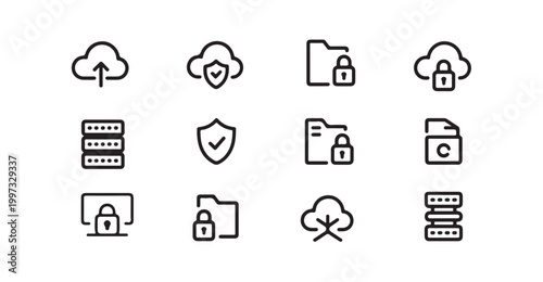 Outline icons for cloud storage security data management and file protection systems.