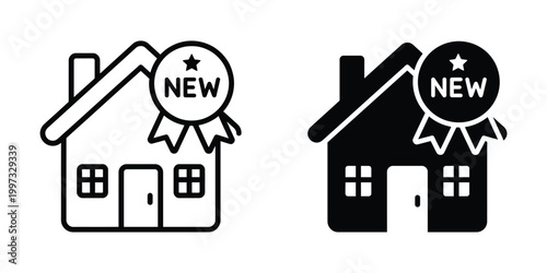 Black and white of new house and car with star badges