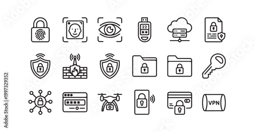 Set of cyber security line icons biometric, password, facial recognition, vpn, data protection.