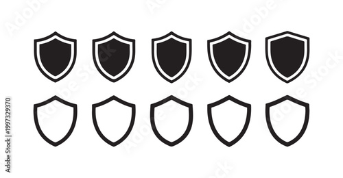 Set of shield vector icons in different designs both filled and outlined for various uses.