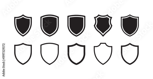 Set of shield vector icons different shapes in both solid and outline styles for security.