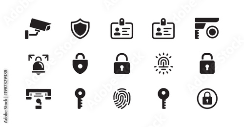 Collection of security glyph icons with cctv, shield, id card, padlock, key, fingerprint.