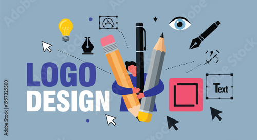 Illustration of graphic design elements, including pencil, pen, eye, and text box, on a blue background, ideal for branding, web design, and graphic design tutorials.