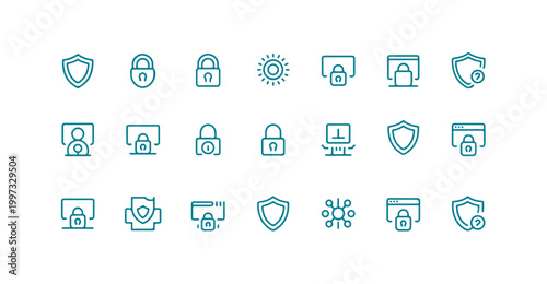 Collection of cybersecurity and security icons in outline style.