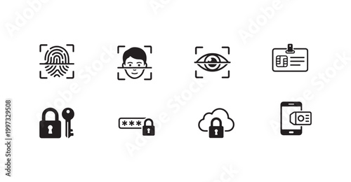 Set of black and white security and access icons for digital use.