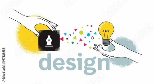 Illustration of hands holding design elements, vibrant colors, minimalist style, concept for creative branding, graphic design and design agency websites.
