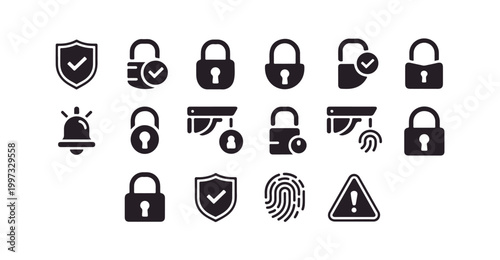 Collection of dark security and safety icons with checkmarks and alerts.
