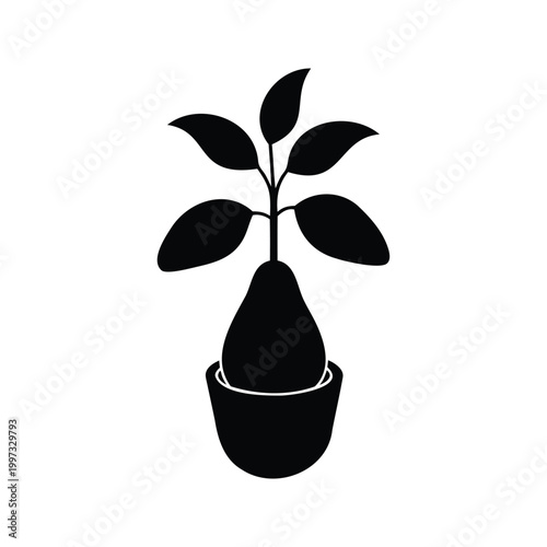 Minimalist black and white avocado seedling silhouette vector illustration design, avocado tree seedling silhouette vector illustration