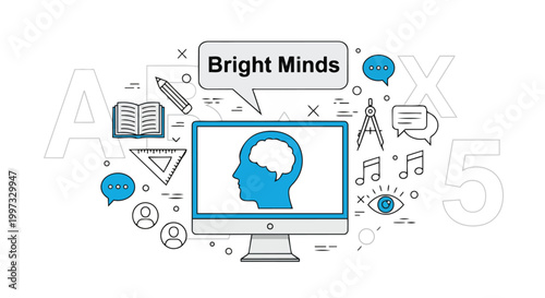 Minimalist vector illustration of bright mind concept with computer screen, brain and school elements, concept for education, online learning and creative thinking.