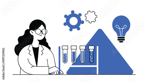 Female Scientist Researching Innovative Solutions with Test Tubes and Gears for Industrial Innovation abstract concept vector illustrations, black and blue vector art