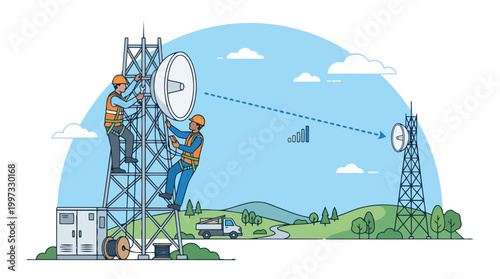 Telecommunication workers installing and maintaining a cell tower with satellite dish and signal transmission to another tower in a rural landscape with a truck