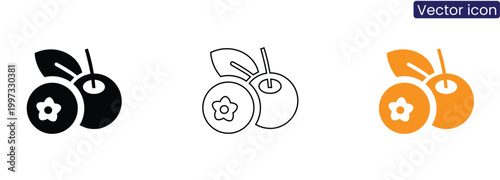 Vector icons of peaches on white background in black, Line art, And orange