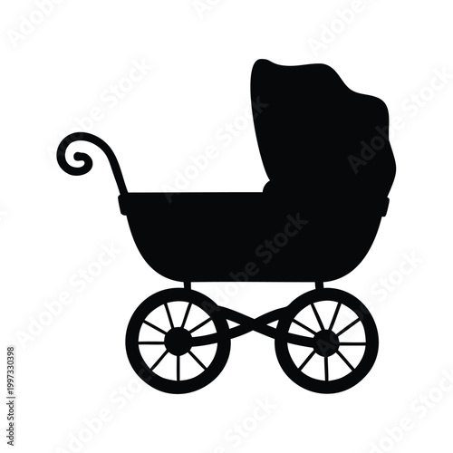 Vintage baby pram silhouette vector illustration with curved handle and large wheels design, carriage with baby blanket silhouette vector illustration