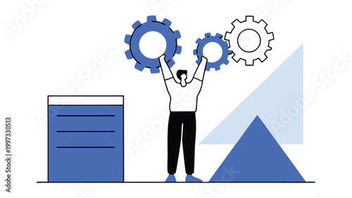 Professional Technician Holding Giant Gear Representing System Optimization and Business Operations Support abstract concept vector illustrations, black and blue vector art
