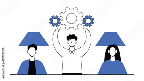 Professional Technician Holding Giant Gear Representing System Optimization and Business Operations Support abstract concept vector illustrations, black and blue vector art