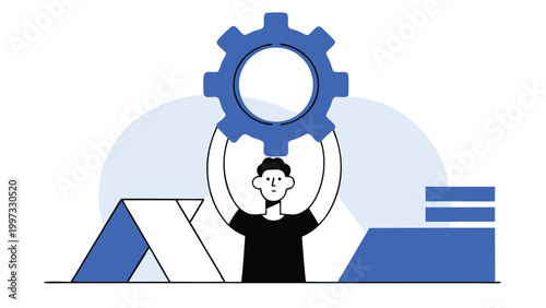 Professional Technician Holding Giant Gear Representing System Optimization and Business Operations Support abstract concept vector illustrations, black and blue vector art
