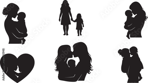 Silhouette of a loving family mother father and two children reading a book together on a white background
