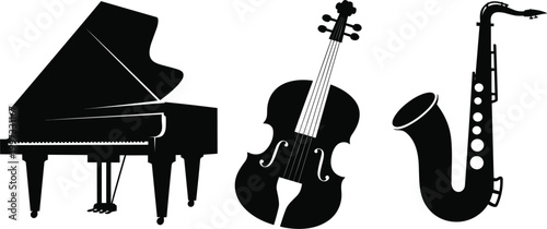 Musical instruments set, piano violin saxophone silhouettes, jazz orchestra equipment vector illustration design