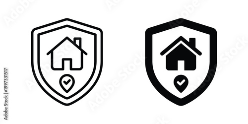 Shield, home protection icons, house safety symbols, security shield graphics, 2 icons