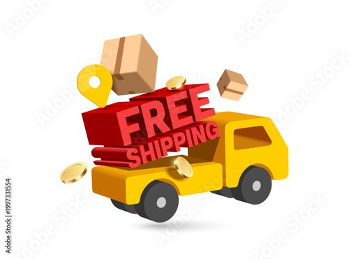 red 3D Free Shipping text is placed on the back of a yellow truck with cardboard boxes or packages and gold coins floating in the air around them, vector illustration for delivery, e commerce concept
