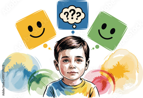 Photos boy with mixed emotions and thought bubbles vector illustration