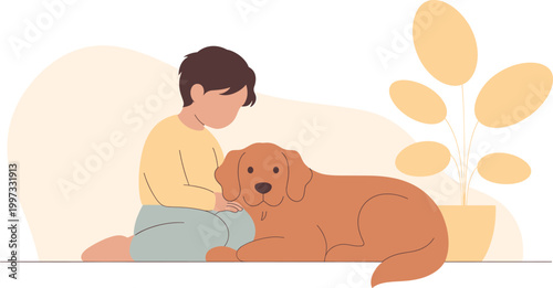 child bonding with golden retriever dog in warm sunlight vector illustration