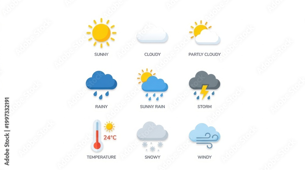 Fototapeta premium Collection of diverse weather icons illustrating sunny, cloudy, rainy, stormy, and snowy conditions.