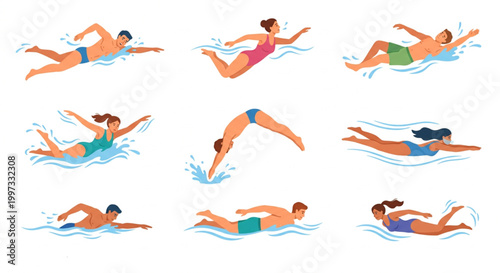 Collection of diverse swimmers performing various strokes in blue water, illustrating a healthy lifestyle