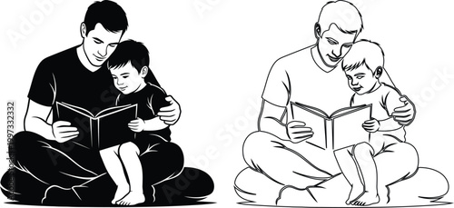 Father reading storybook with children sitting together on floor