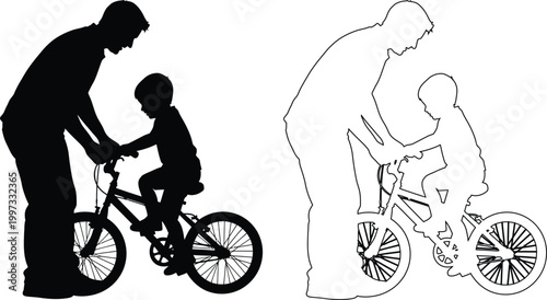 Adult teaching child how to ride a bicycle with training wheels