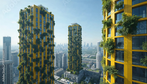 Modern Yellow Skyscrapers with Vertical Gardens in a Sustainable Futuristic City Cityscape

