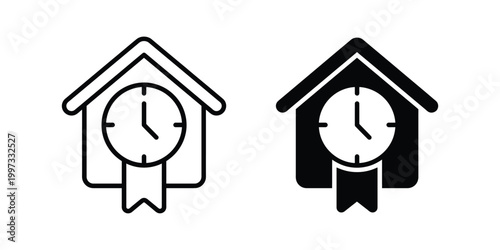 Clock house icons, time management symbols, home clock illustrations, black line art