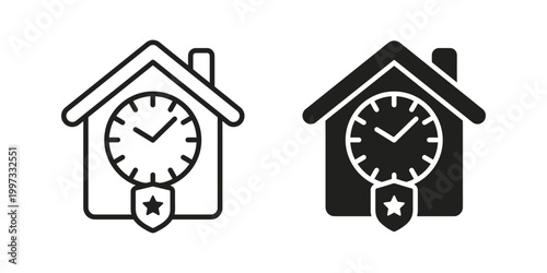 House clock icons, home time symbols, clock house illustrations, time management