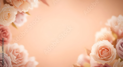 Delicate floral border peach and cream roses against a soft background
