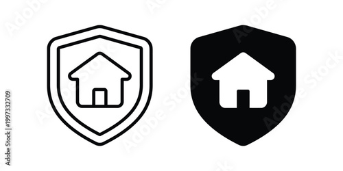 House shield icons, home protection symbols, security logos, black and white graphics